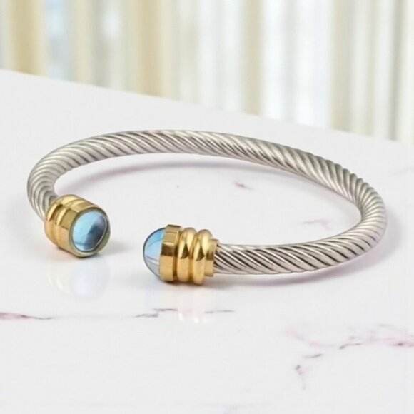🆕Minimalist Rope Cuff Bangle 18K Gold Plated Stainless Steel Blue Crystals - Picture 4 of 8